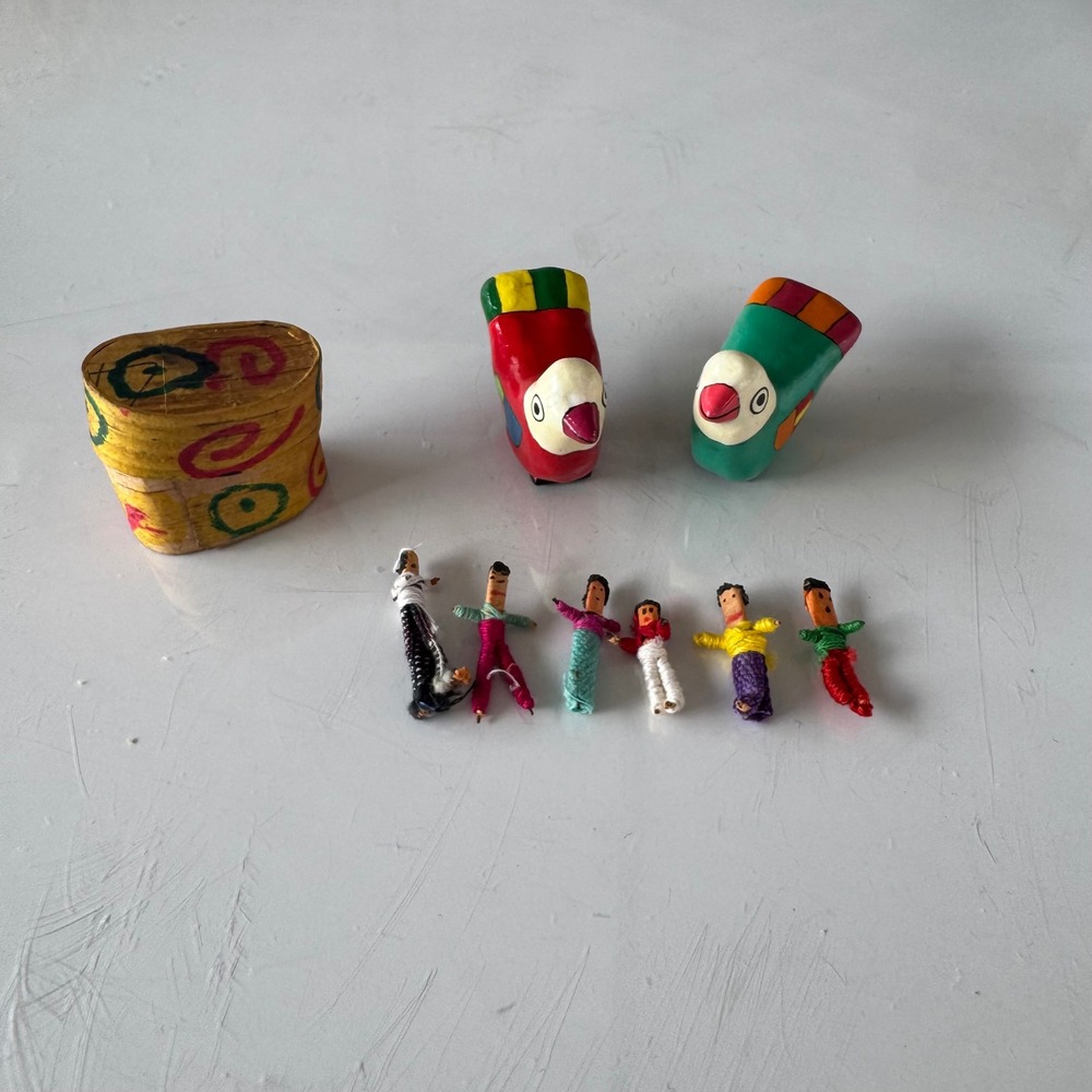 Vintage Guatemalan Worry Dolls Set 6 Mini Dolls 2 Painted Birds & Box Handmade